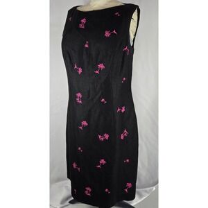 Vintage Annie Alexander Black Linen Dress Pink Palm Tree Print Sleeveless Size 8